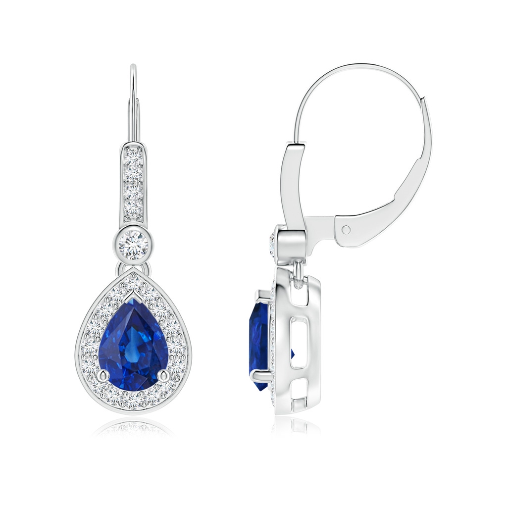 7x5mm AAA Pear-Shaped Blue Sapphire and Diamond Halo Drop Earrings in White Gold