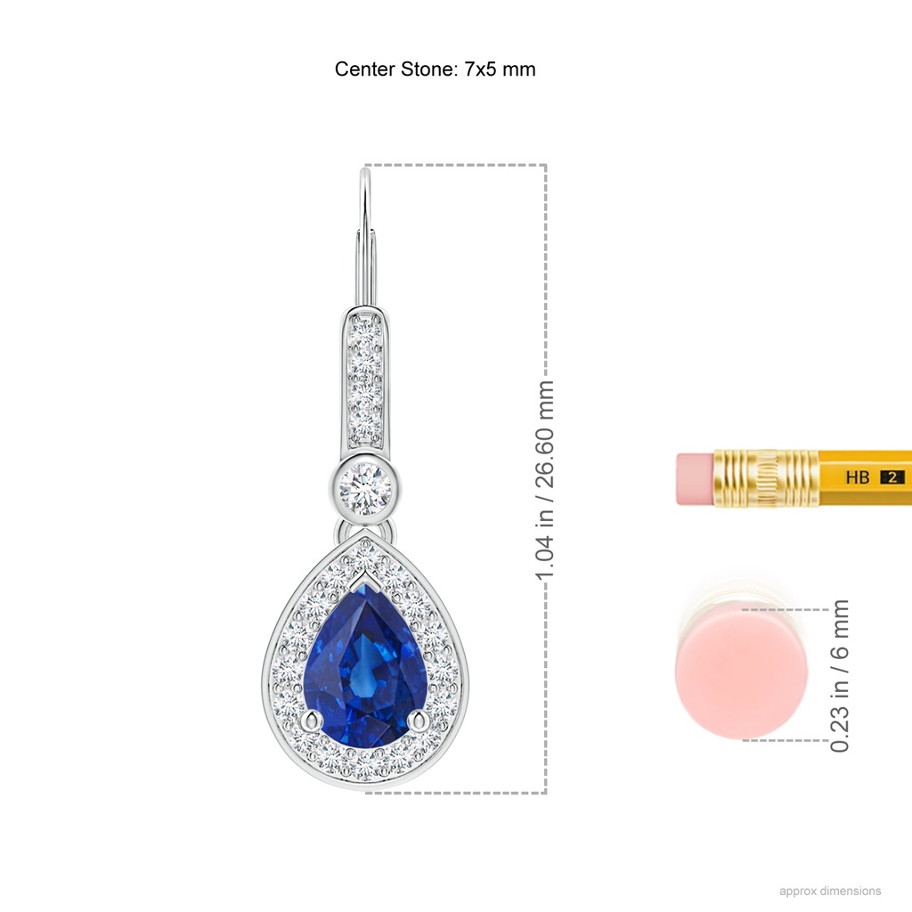 7x5mm AAA Pear-Shaped Blue Sapphire and Diamond Halo Drop Earrings in White Gold Ruler