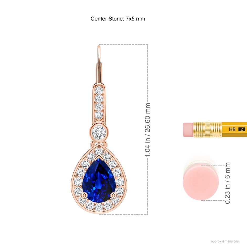 7x5mm Lab-Grown Pear-Shaped Blue Sapphire and Diamond Halo Drop Earrings in Rose Gold ruler