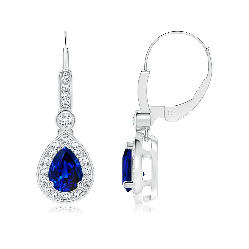 7x5mm Lab-Grown Pear-Shaped Blue Sapphire and Diamond Halo Drop Earrings in White Gold