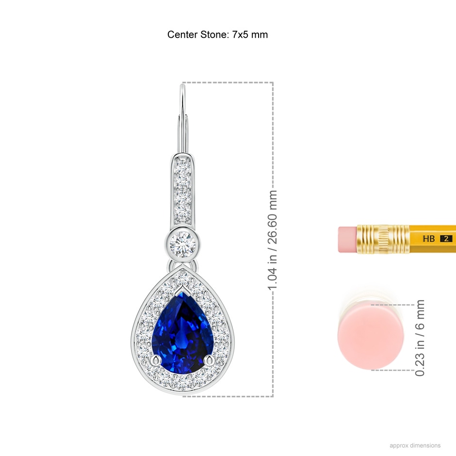 7x5mm Lab-Grown Pear-Shaped Blue Sapphire and Diamond Halo Drop Earrings in White Gold ruler