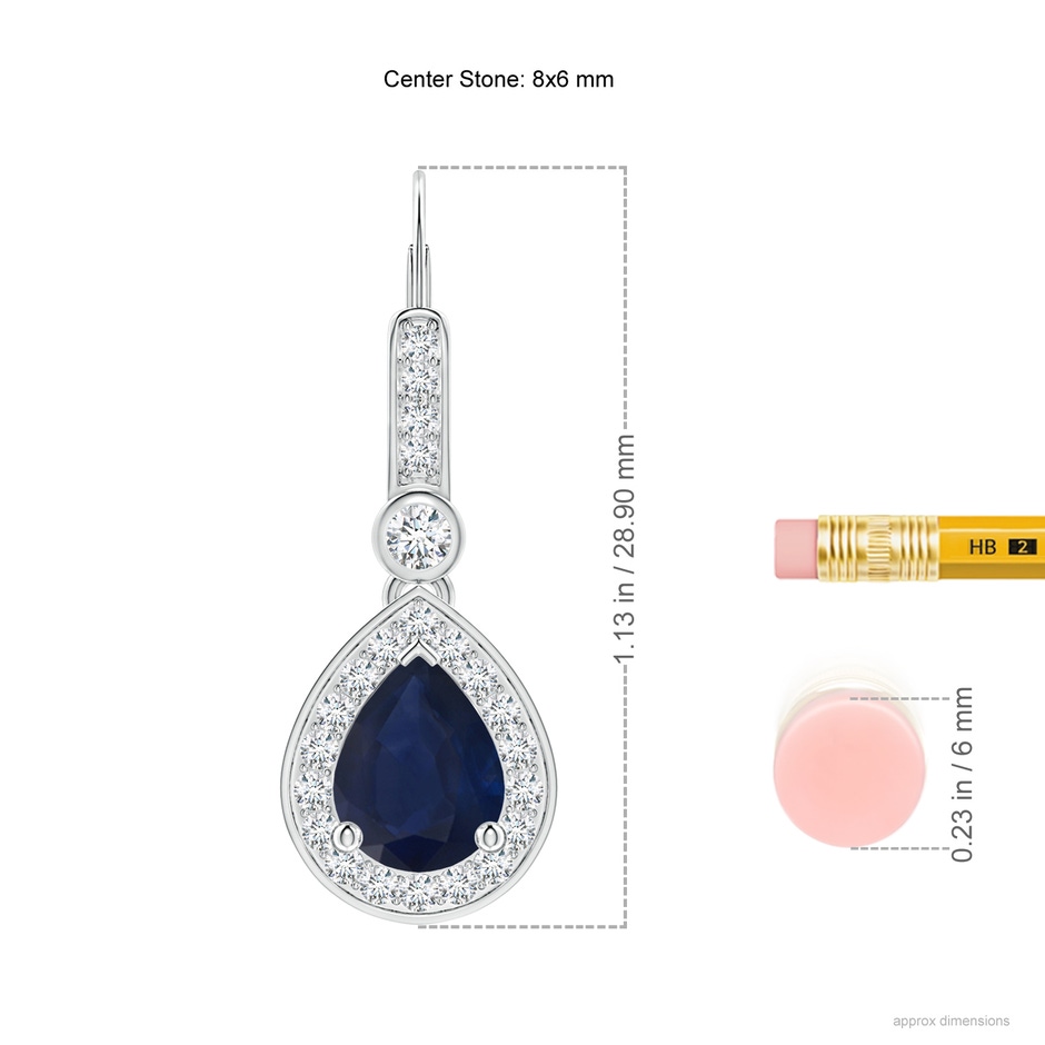 8x6mm A Pear-Shaped Blue Sapphire and Diamond Halo Drop Earrings in White Gold ruler