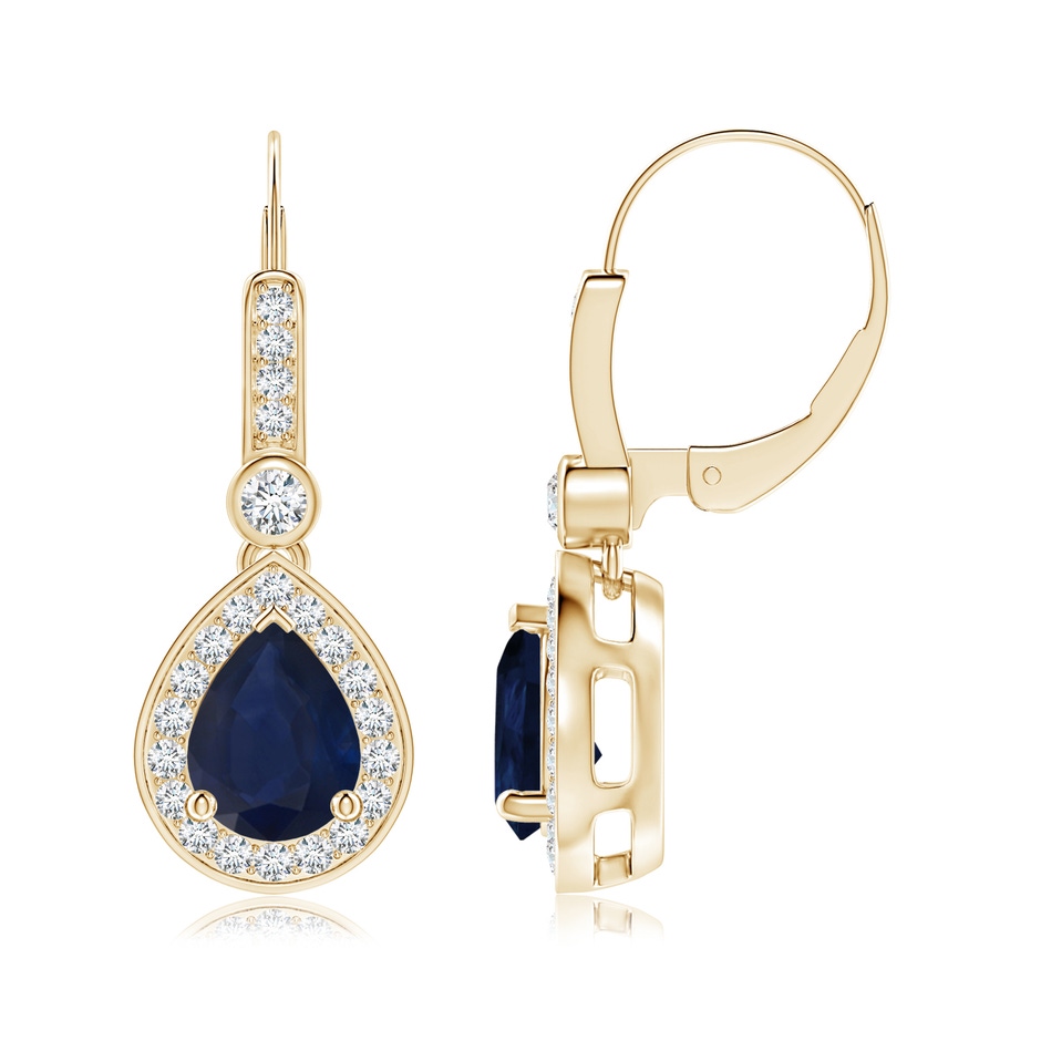 8x6mm A Pear-Shaped Blue Sapphire and Diamond Halo Drop Earrings in Yellow Gold 
