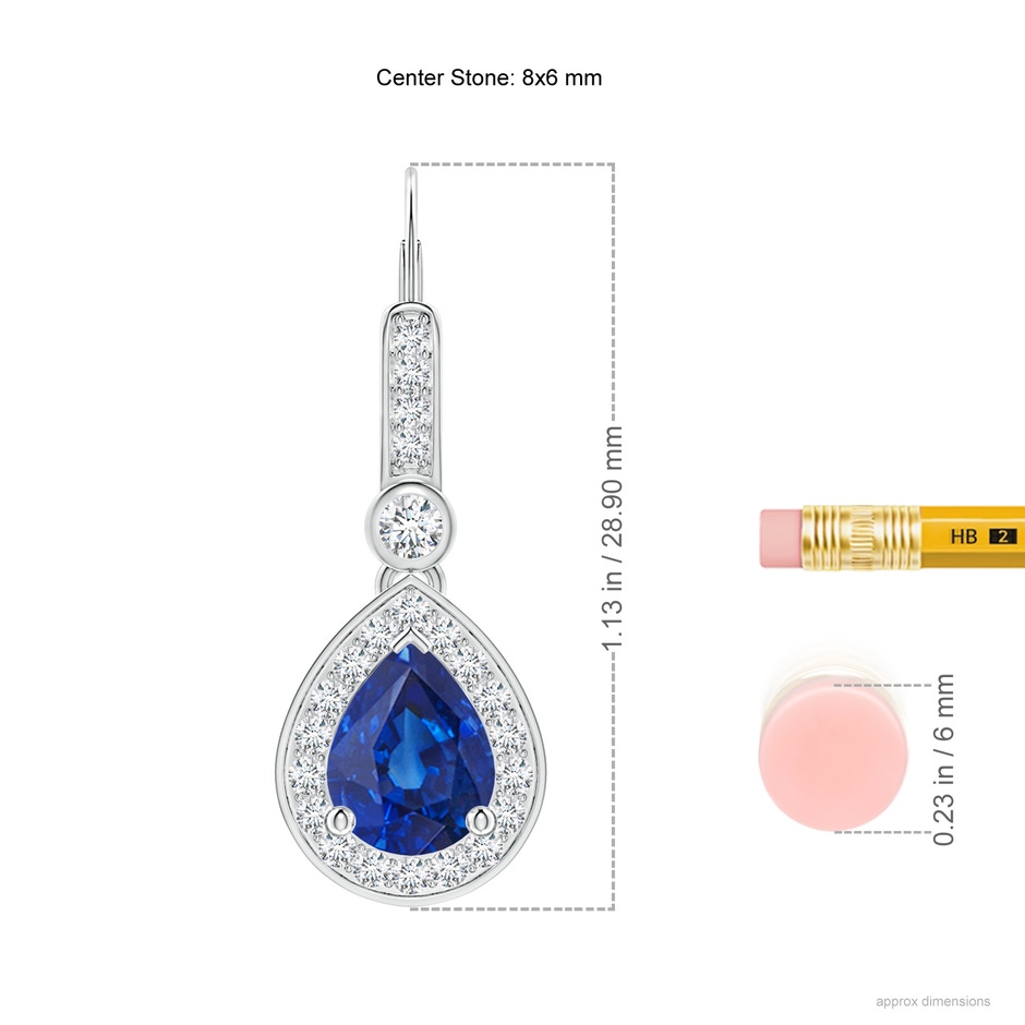 8x6mm AAA Pear-Shaped Blue Sapphire and Diamond Halo Drop Earrings in P950 Platinum ruler