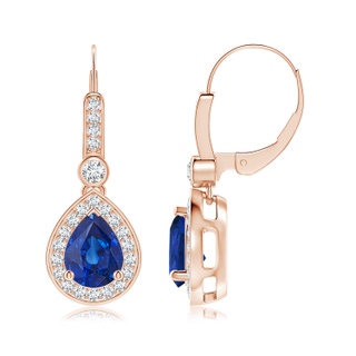 8x6mm AAA Pear-Shaped Blue Sapphire and Diamond Halo Drop Earrings in Rose Gold