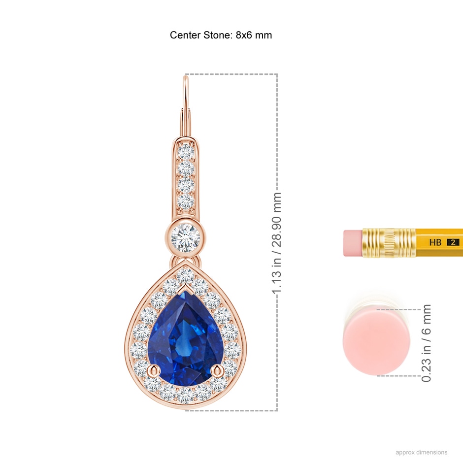 8x6mm AAA Pear-Shaped Blue Sapphire and Diamond Halo Drop Earrings in Rose Gold ruler