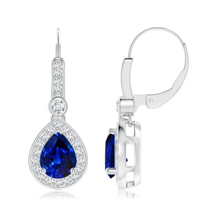 8x6mm AAAA Pear-Shaped Blue Sapphire and Diamond Halo Drop Earrings in P950 Platinum