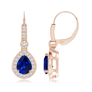 8x6mm AAAA Pear-Shaped Blue Sapphire and Diamond Halo Drop Earrings in Rose Gold