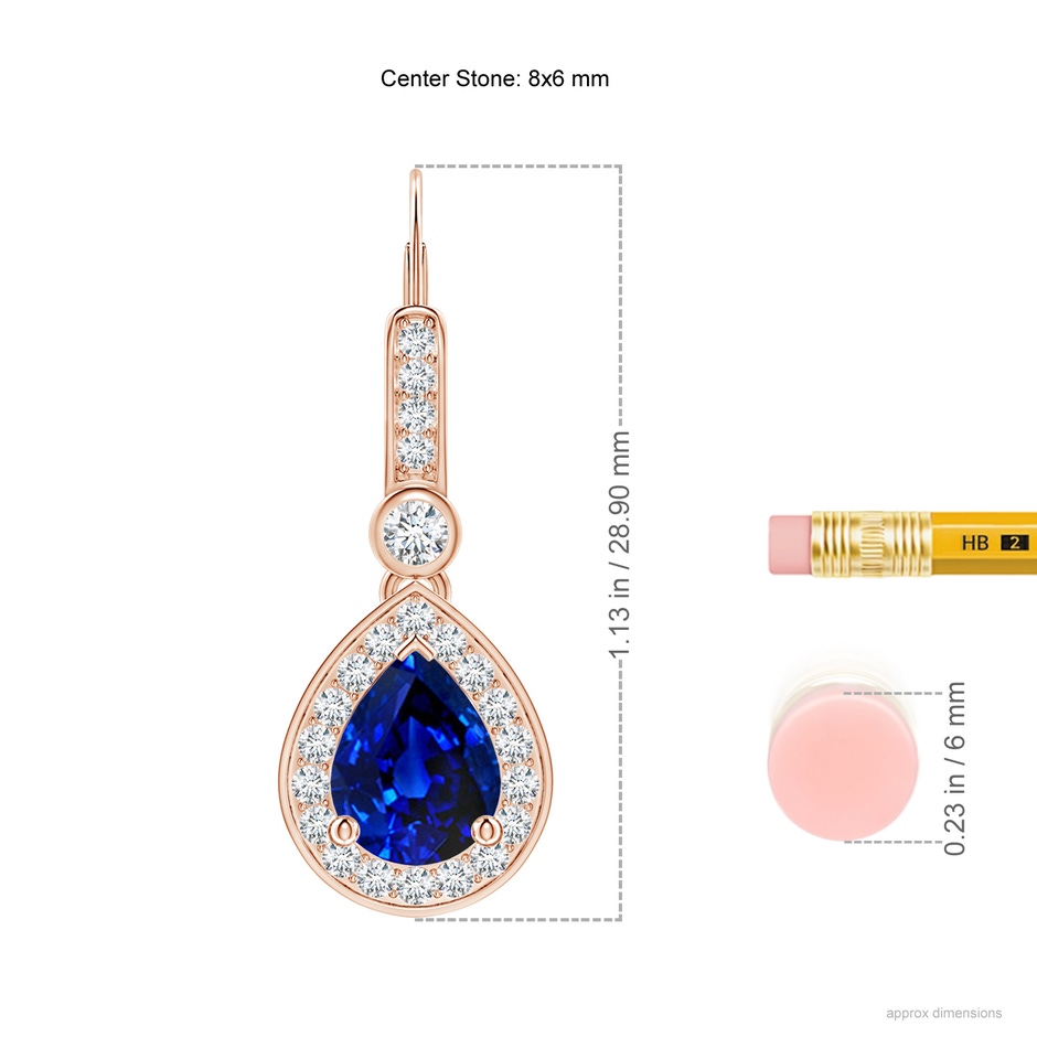 8x6mm AAAA Pear-Shaped Blue Sapphire and Diamond Halo Drop Earrings in Rose Gold ruler