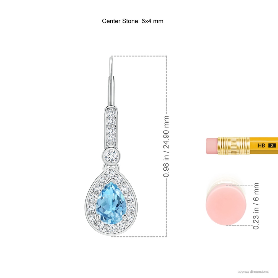 6x4mm A Pear-Shaped Swiss Blue Topaz and Diamond Halo Drop Earrings in White Gold ruler