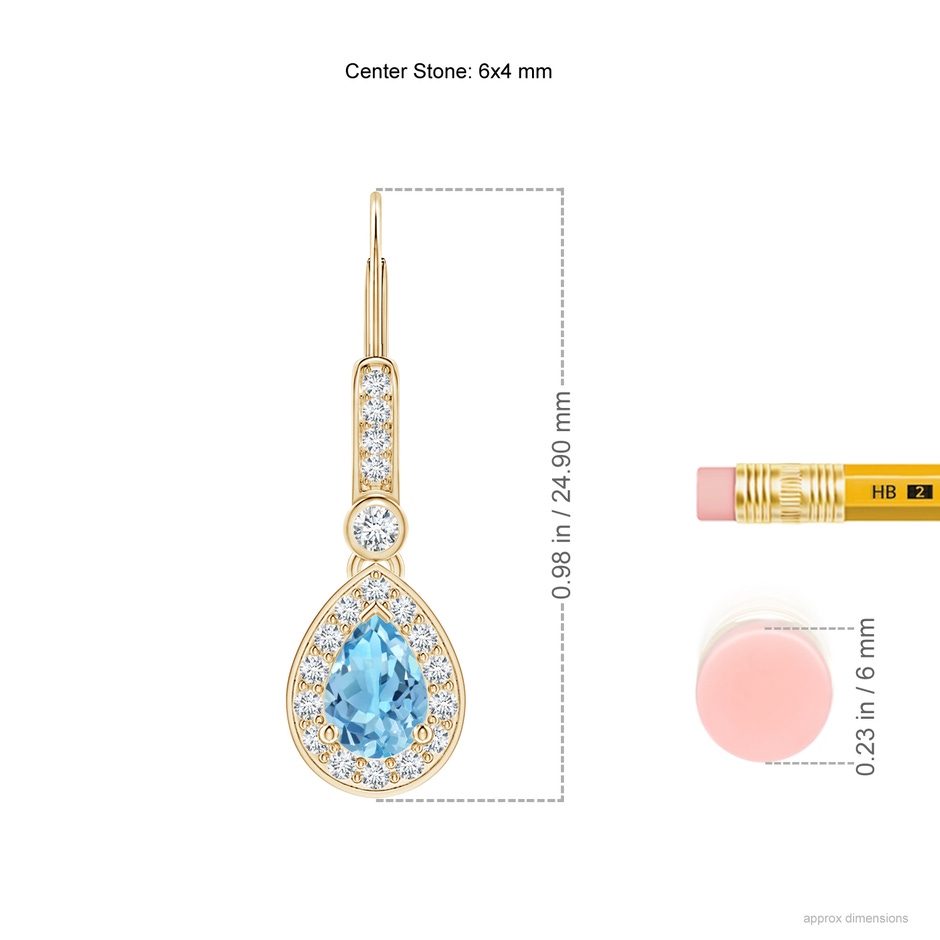 6x4mm A Pear-Shaped Swiss Blue Topaz and Diamond Halo Drop Earrings in Yellow Gold ruler