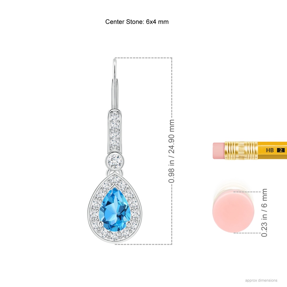 6x4mm AAA Pear-Shaped Swiss Blue Topaz and Diamond Halo Drop Earrings in 9K White Gold ruler