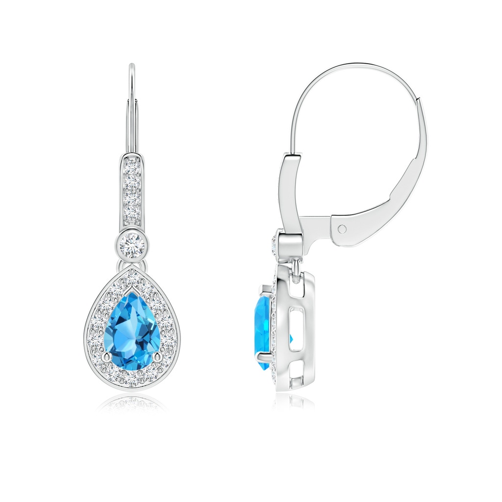 6x4mm AAA Pear-Shaped Swiss Blue Topaz and Diamond Halo Drop Earrings in White Gold