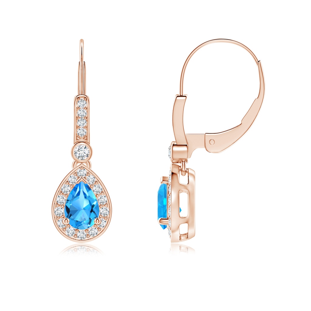 6x4mm AAAA Pear-Shaped Swiss Blue Topaz and Diamond Halo Drop Earrings in Rose Gold