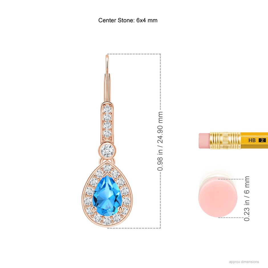 6x4mm AAAA Pear-Shaped Swiss Blue Topaz and Diamond Halo Drop Earrings in Rose Gold ruler