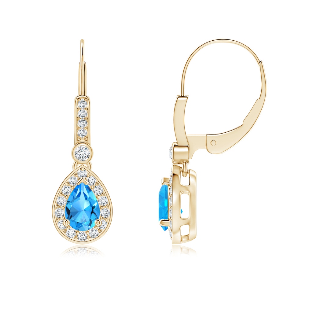 6x4mm AAAA Pear-Shaped Swiss Blue Topaz and Diamond Halo Drop Earrings in Yellow Gold