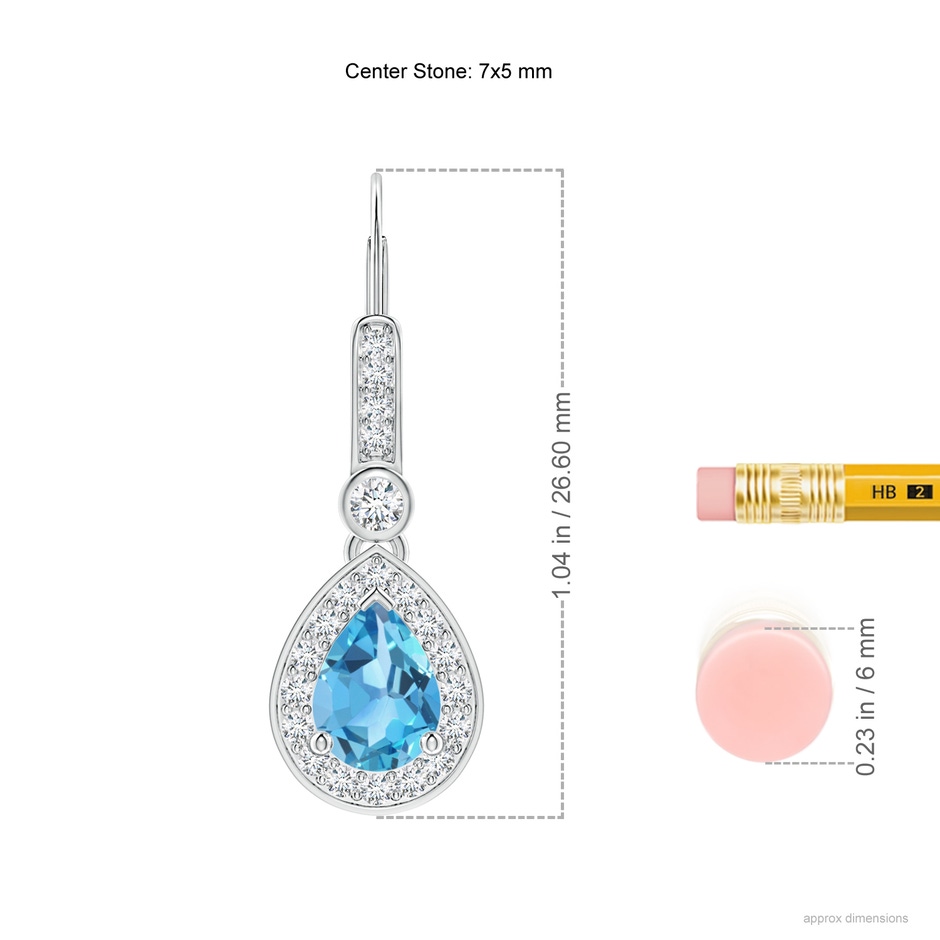 7x5mm AA Pear-Shaped Swiss Blue Topaz and Diamond Halo Drop Earrings in White Gold ruler