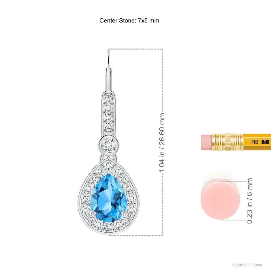 7x5mm AAA Pear-Shaped Swiss Blue Topaz and Diamond Halo Drop Earrings in White Gold ruler