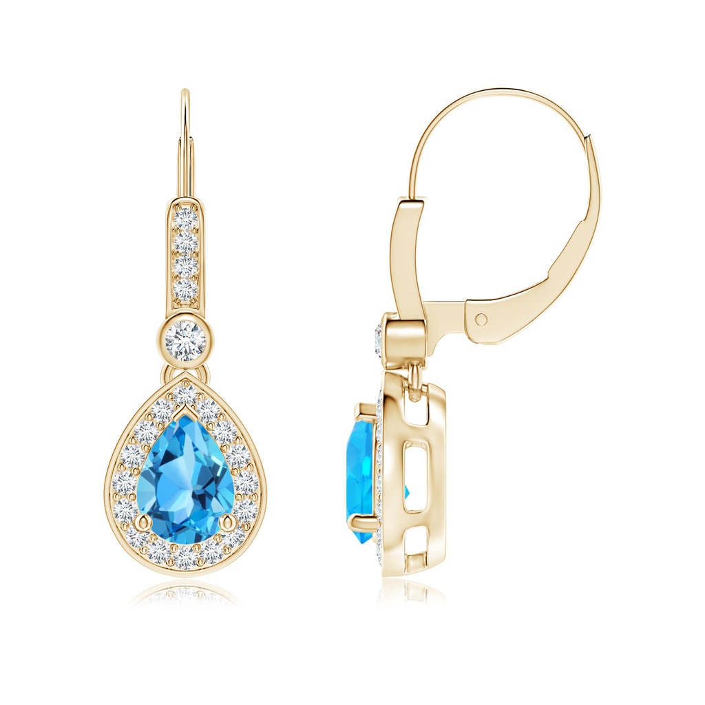 7x5mm AAA Pear-Shaped Swiss Blue Topaz and Diamond Halo Drop Earrings in Yellow Gold