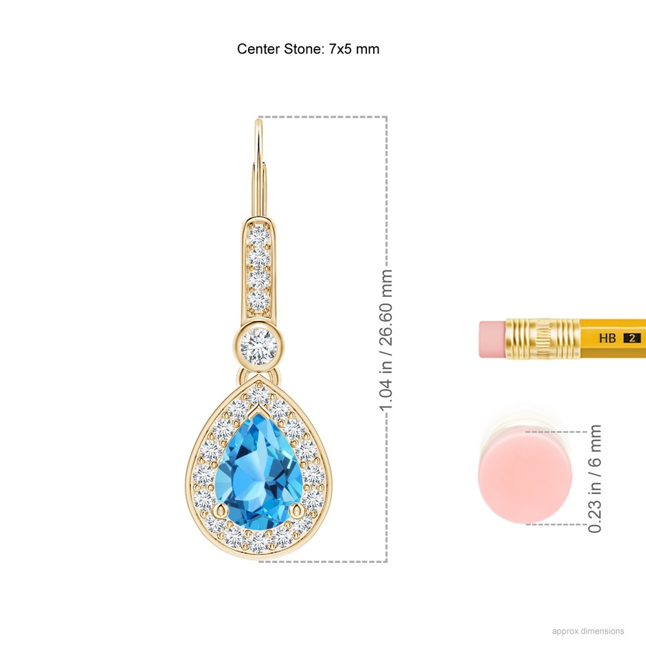 7x5mm AAA Pear-Shaped Swiss Blue Topaz and Diamond Halo Drop Earrings in Yellow Gold ruler