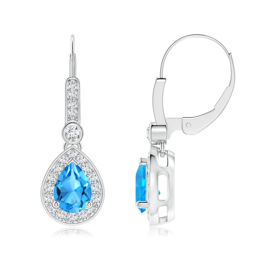 7x5mm AAAA Pear-Shaped Swiss Blue Topaz and Diamond Halo Drop Earrings in P950 Platinum 