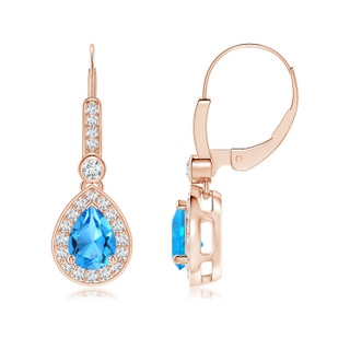 7x5mm AAAA Pear-Shaped Swiss Blue Topaz and Diamond Halo Drop Earrings in Rose Gold