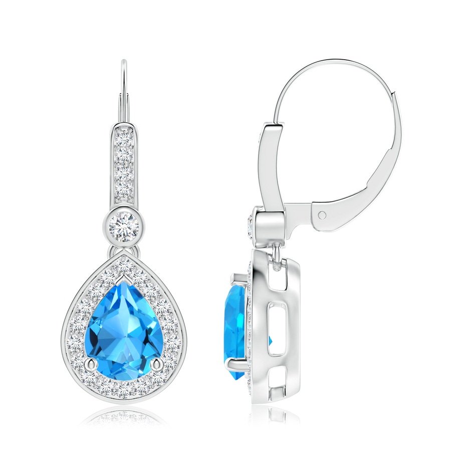 8x6mm AAAA Pear-Shaped Swiss Blue Topaz and Diamond Halo Drop Earrings in P950 Platinum 