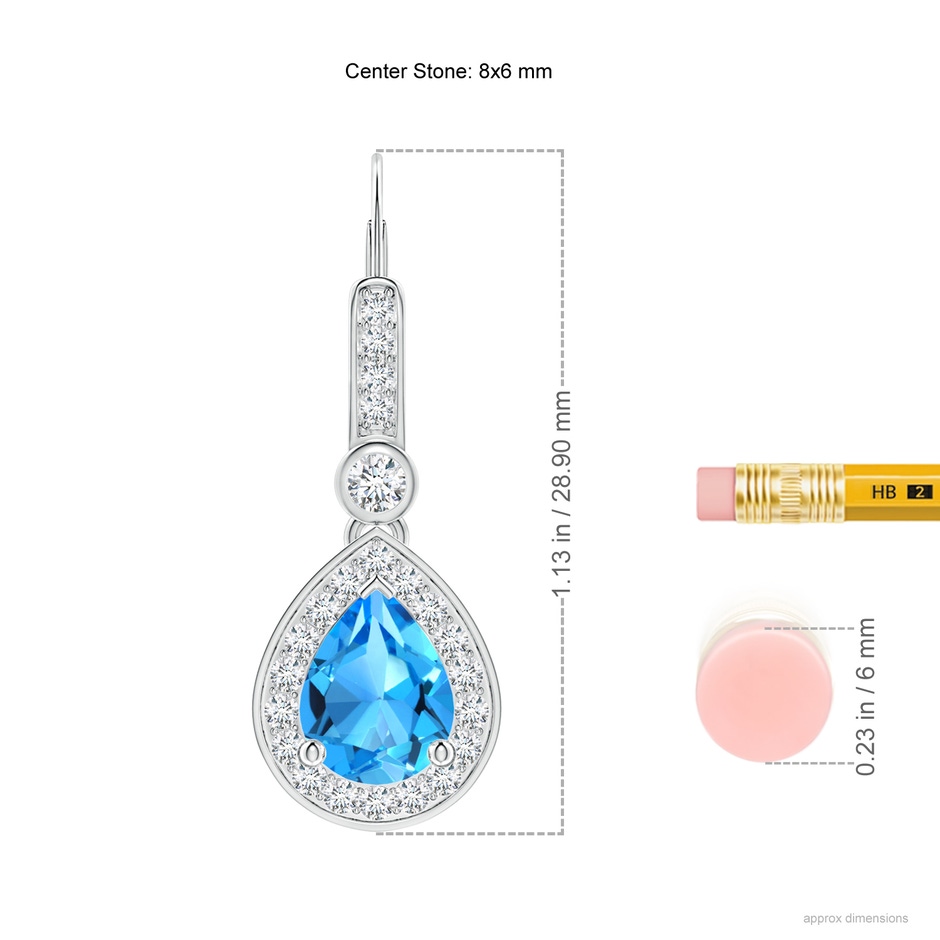 8x6mm AAAA Pear-Shaped Swiss Blue Topaz and Diamond Halo Drop Earrings in P950 Platinum ruler