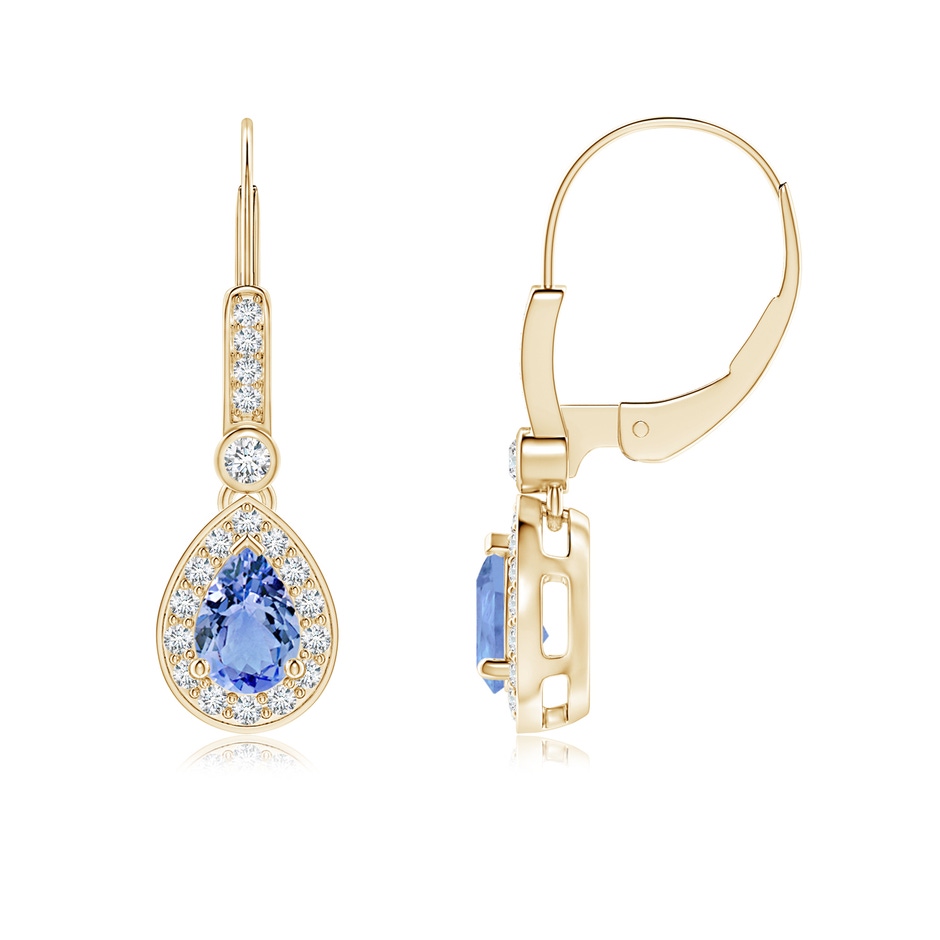 6x4mm A Pear-Shaped Tanzanite and Diamond Halo Drop Earrings in Yellow Gold 