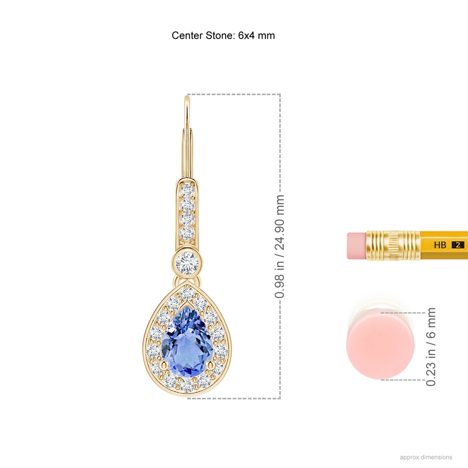 6x4mm A Pear-Shaped Tanzanite and Diamond Halo Drop Earrings in Yellow Gold ruler