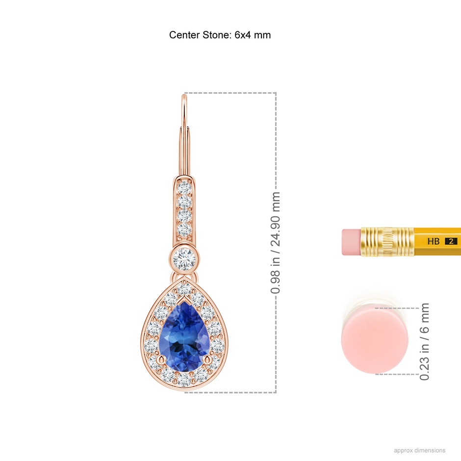 6x4mm AA Pear-Shaped Tanzanite and Diamond Halo Drop Earrings in Rose Gold ruler