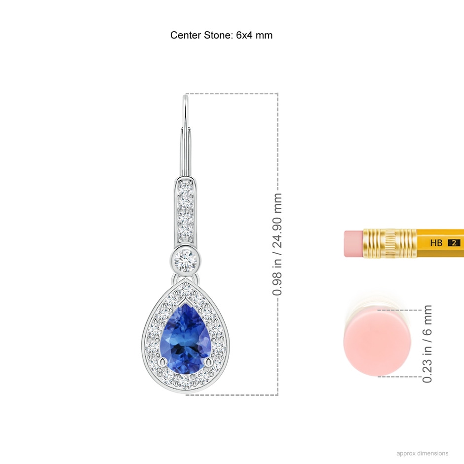 6x4mm AA Pear-Shaped Tanzanite and Diamond Halo Drop Earrings in White Gold ruler