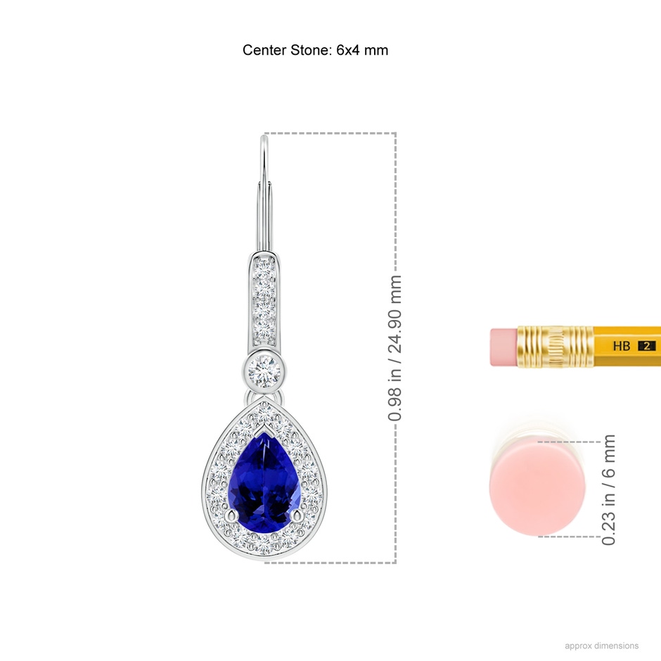 6x4mm AAAA Pear-Shaped Tanzanite and Diamond Halo Drop Earrings in White Gold ruler