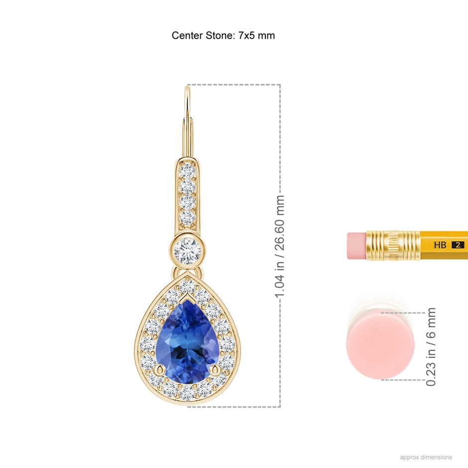 7x5mm AA Pear-Shaped Tanzanite and Diamond Halo Drop Earrings in Yellow Gold ruler