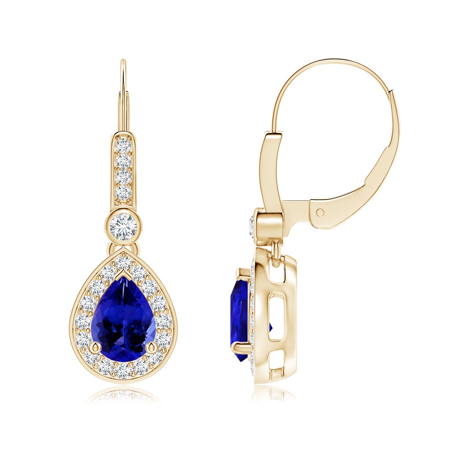 7x5mm AAAA Pear-Shaped Tanzanite and Diamond Halo Drop Earrings in Yellow Gold 