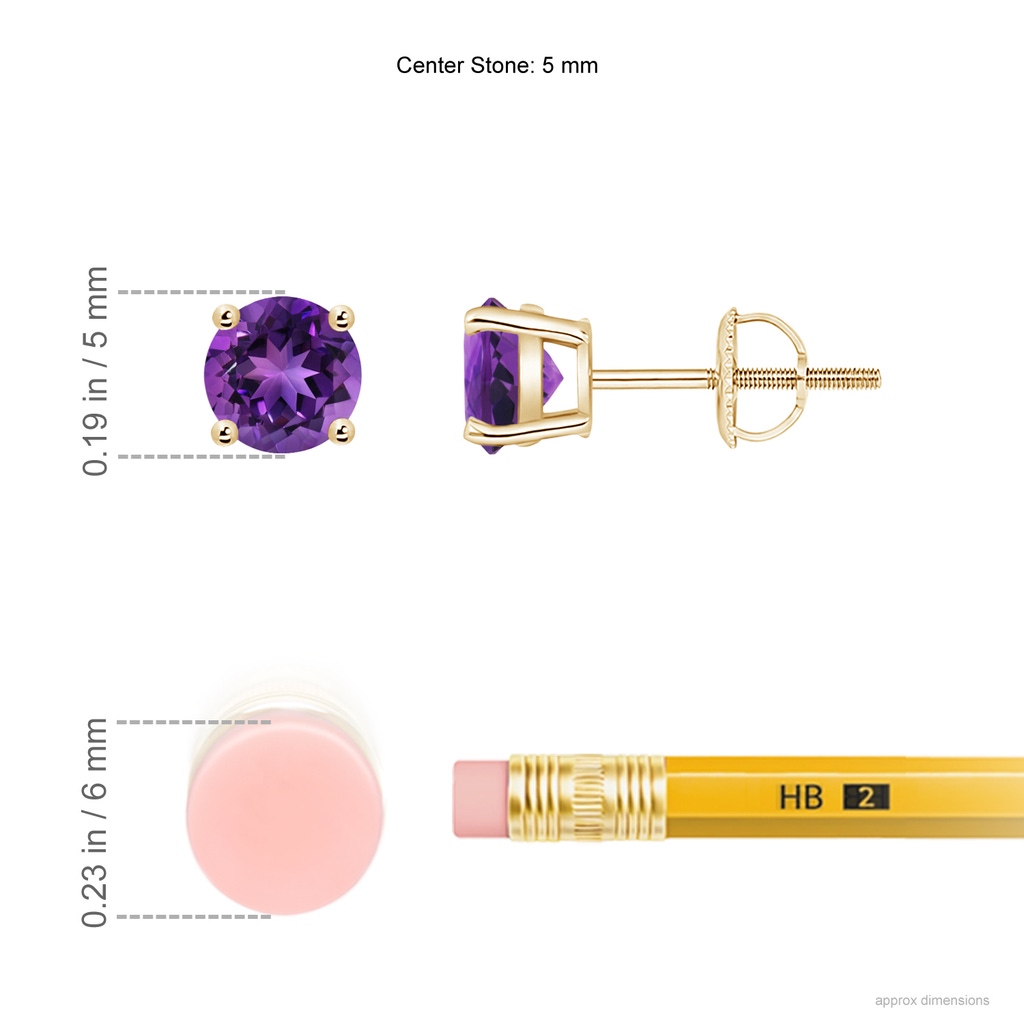 5mm AAAA Basket-Set Round Amethyst Studs in Yellow Gold ruler