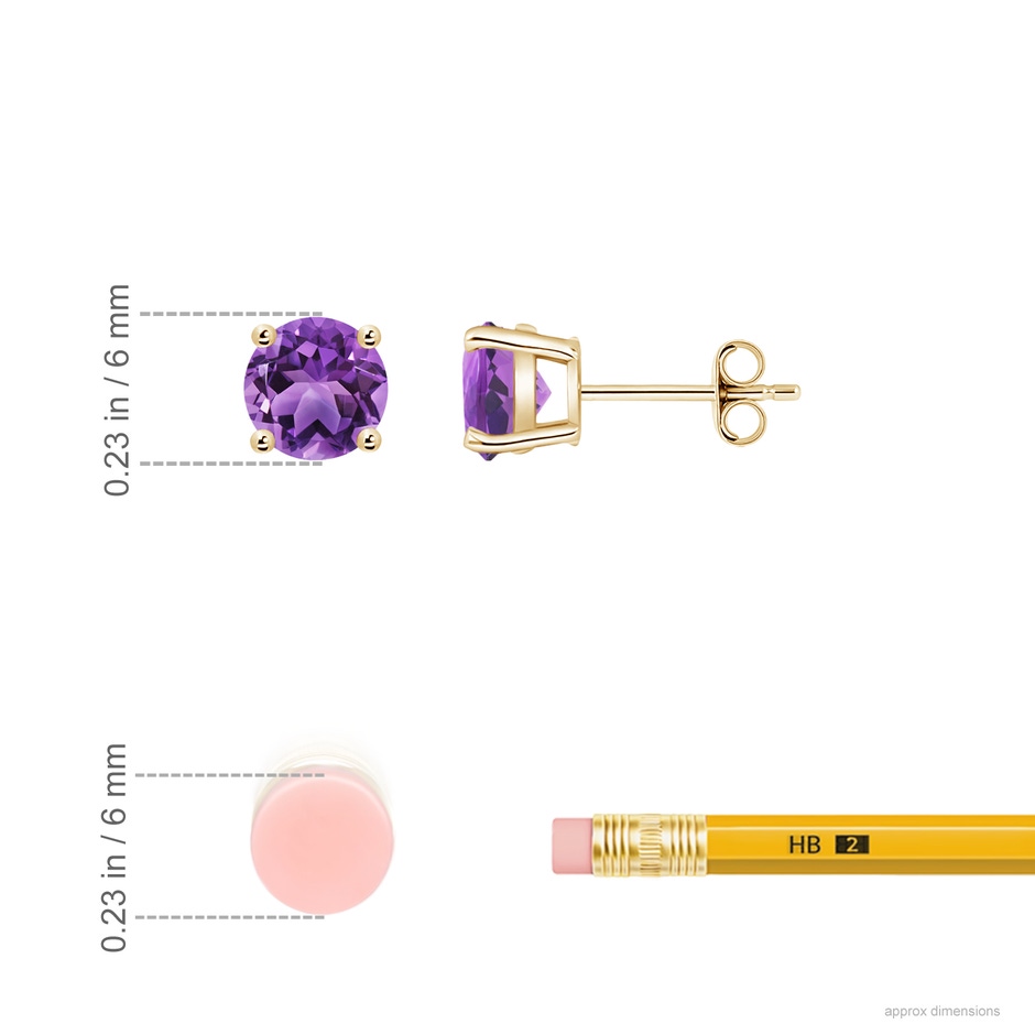 6mm AA Basket-Set Round Amethyst Studs in Yellow Gold ruler