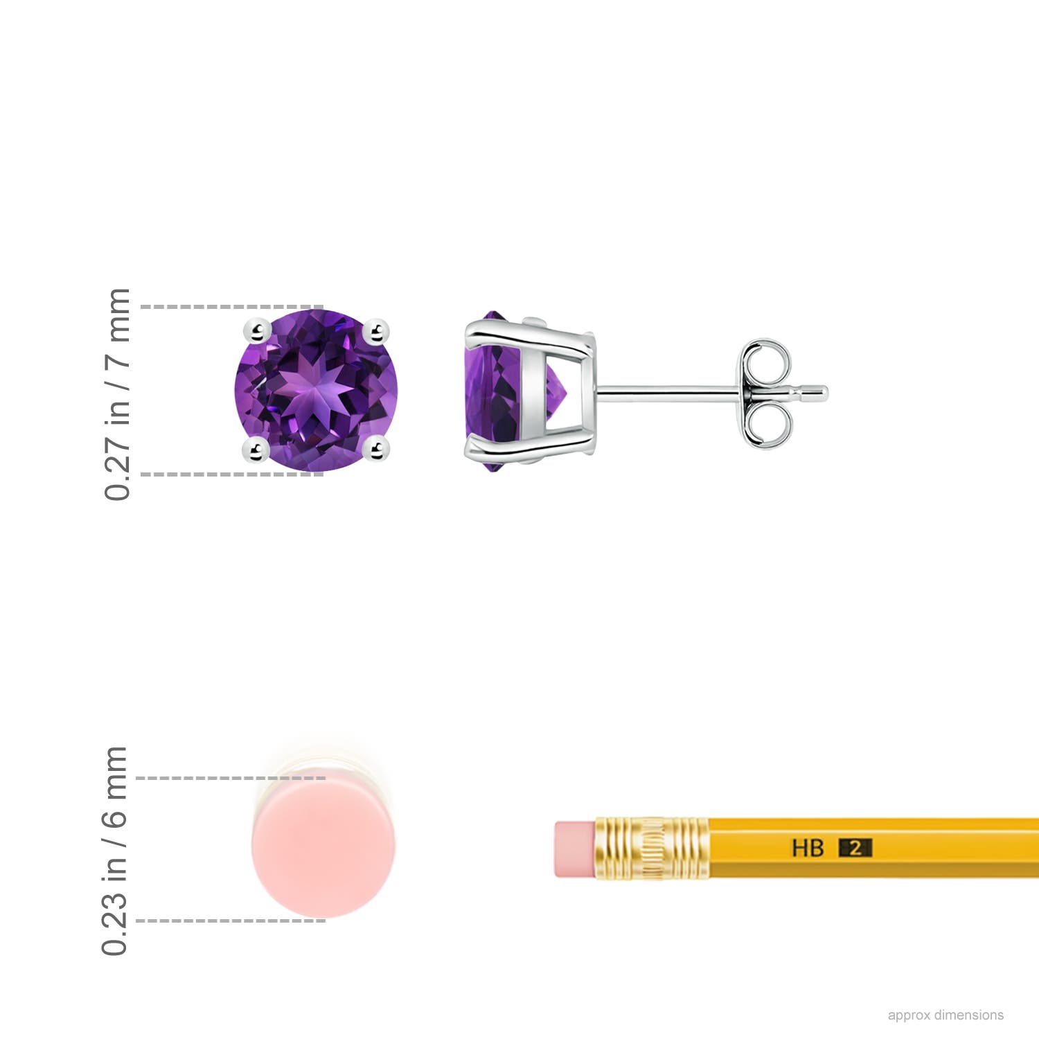 7mm AAAA Basket-Set Round Amethyst Studs in White Gold - ruler
