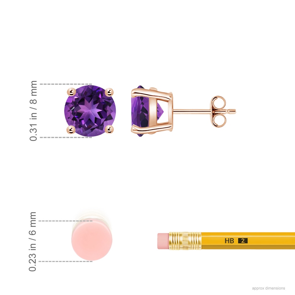 8mm AAAA Basket-Set Round Amethyst Studs in Rose Gold ruler