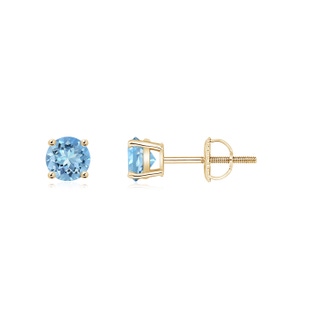 4mm AAAA Basket-Set Round Aquamarine Studs in Yellow Gold