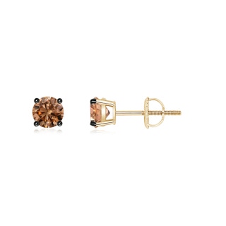 4mm AAAA Basket-Set Round Brown Diamond Studs in Yellow Gold