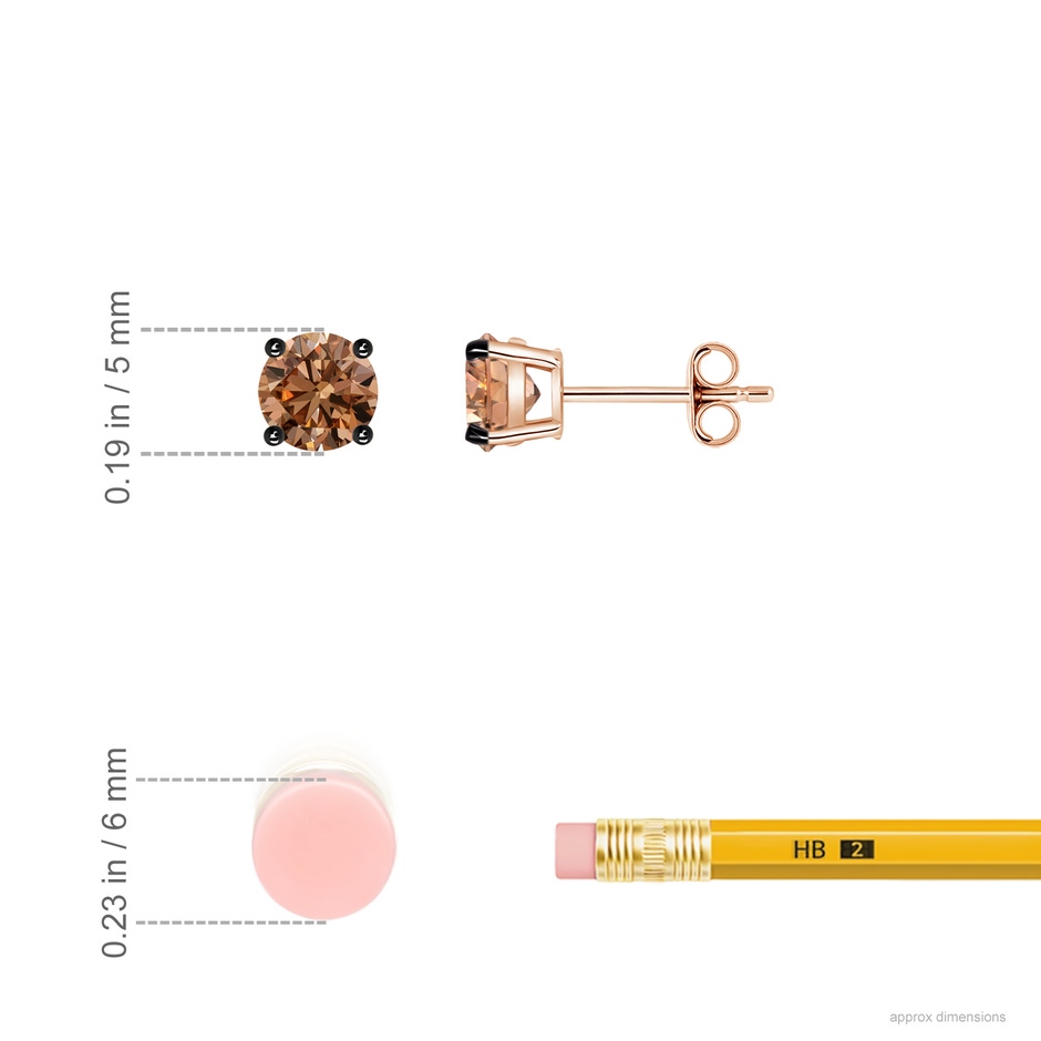 5mm AAAA Basket-Set Round Brown Diamond Studs in Rose Gold ruler