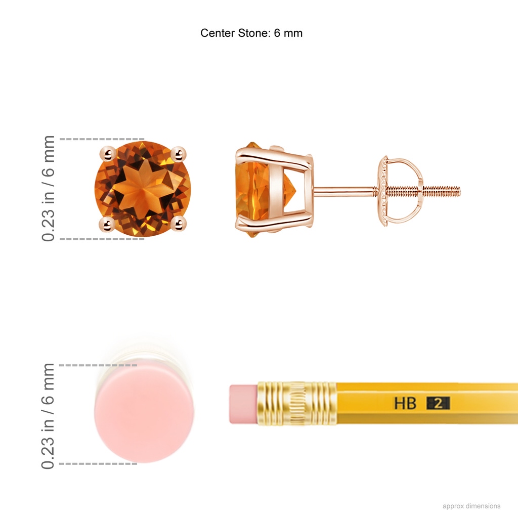 6mm AAAA Basket-Set Round Citrine Studs in Rose Gold ruler