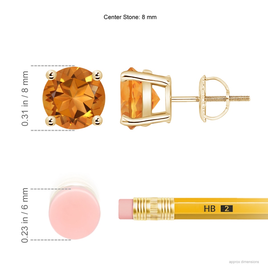 8mm AAA Basket-Set Round Citrine Studs in Yellow Gold ruler