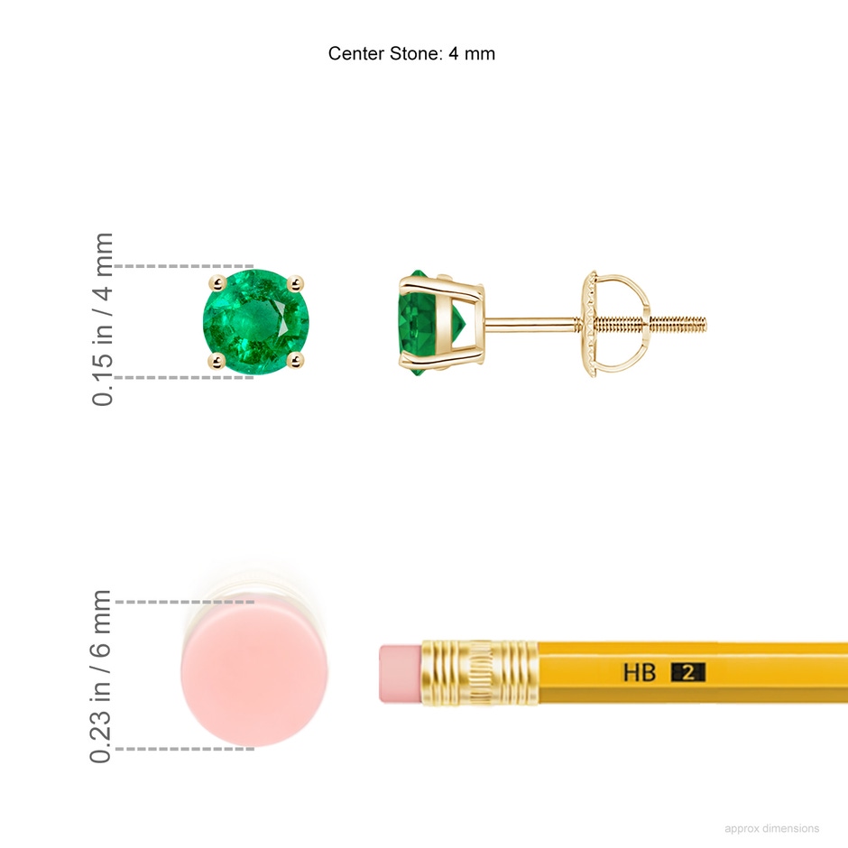 4mm AAA Basket-Set Round Emerald Studs in 18K Yellow Gold ruler