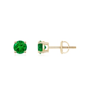 4mm AAAA Basket-Set Round Emerald Studs in 18K Yellow Gold