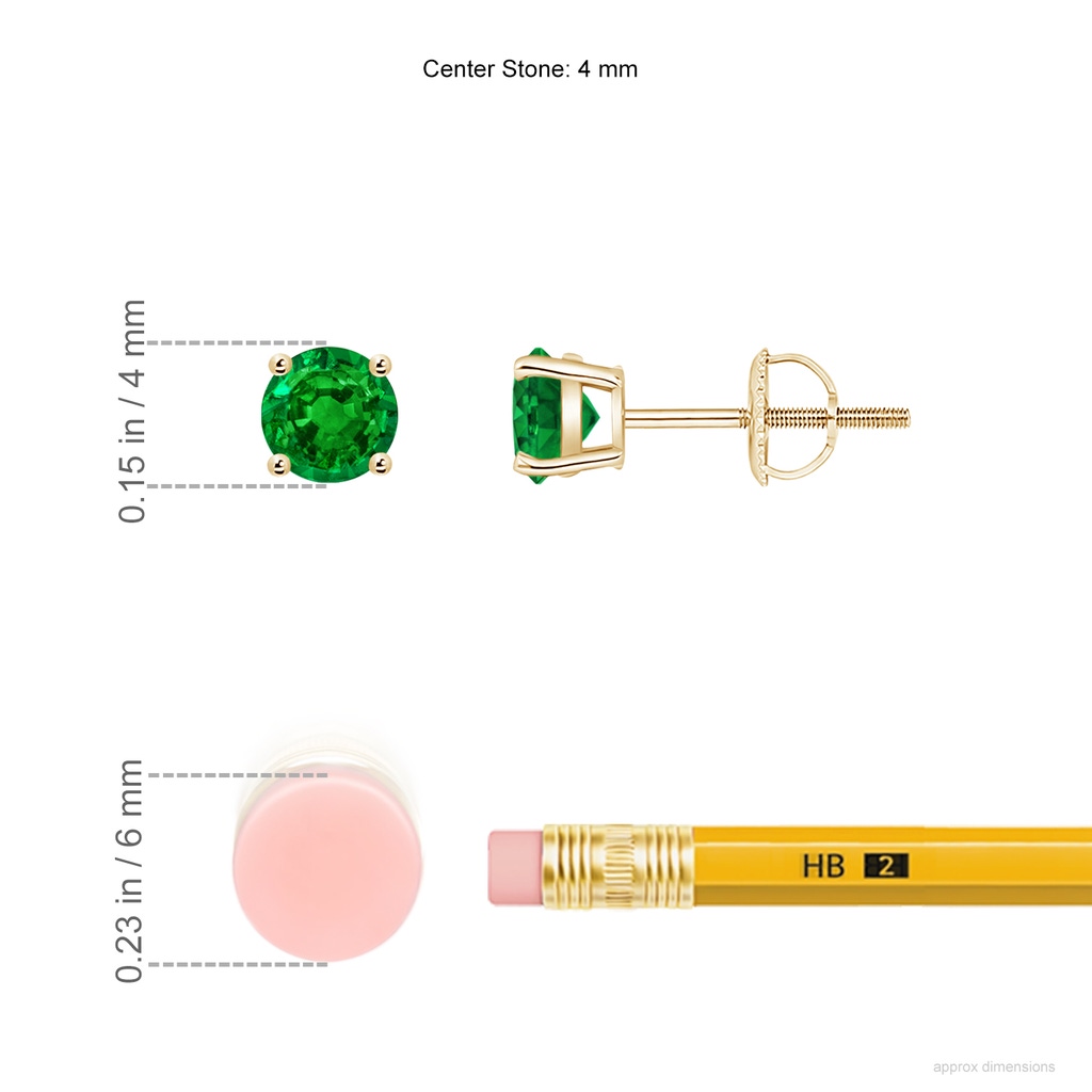 4mm AAAA Basket-Set Round Emerald Studs in Yellow Gold ruler