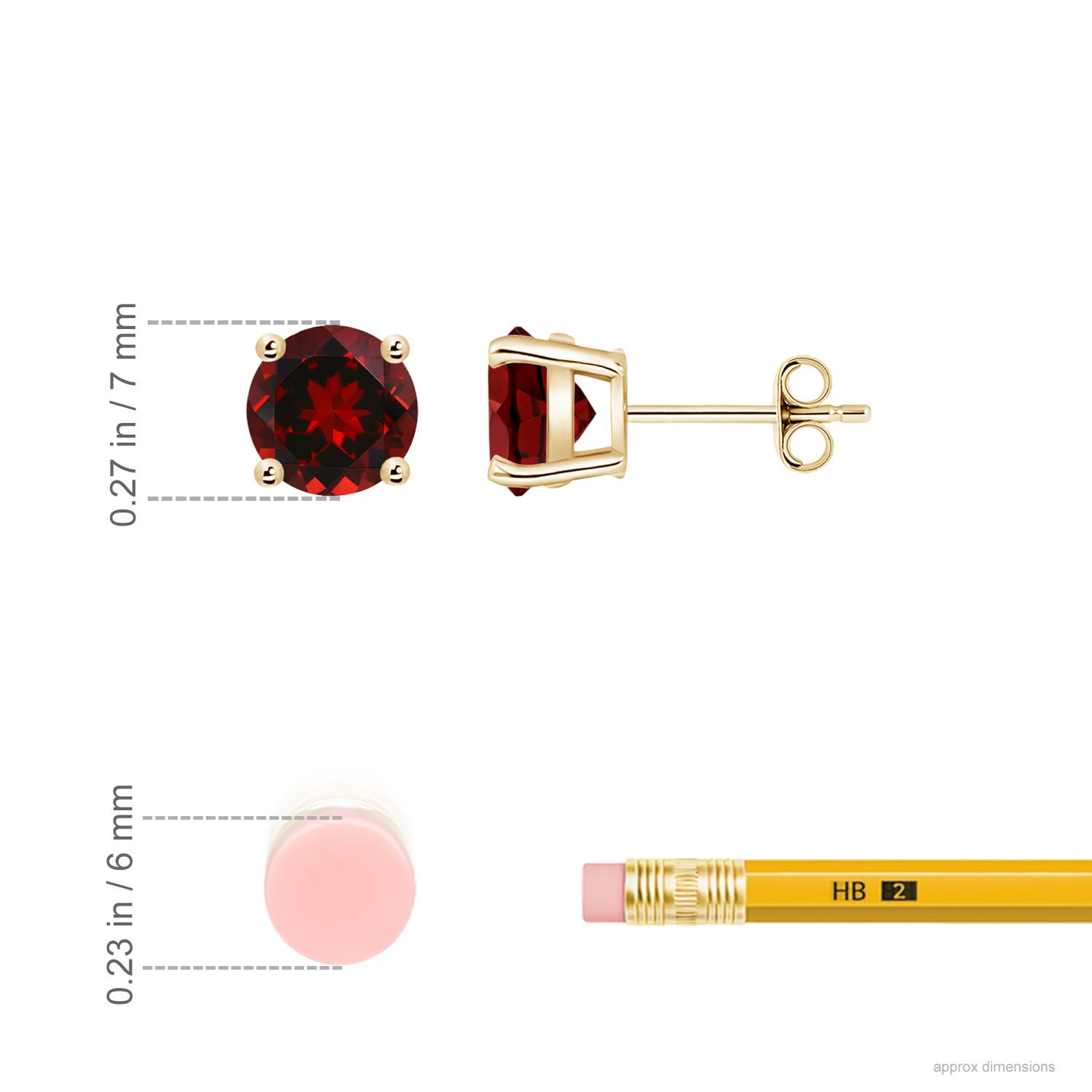 7mm AAAA Basket-Set Round Garnet Studs in Yellow Gold - ruler