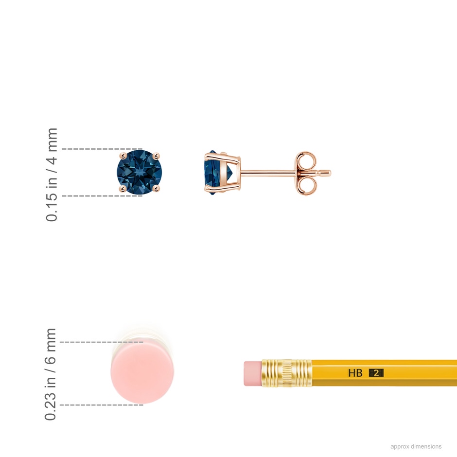 4mm AAAA Basket-Set Round London Blue Topaz Studs in Rose Gold ruler