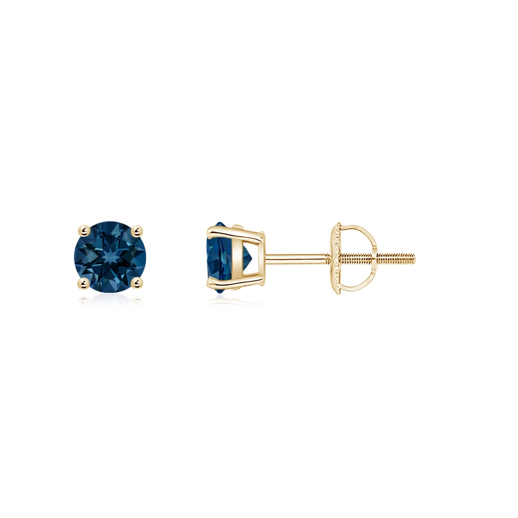 4mm AAAA Basket-Set Round London Blue Topaz Studs in Yellow Gold